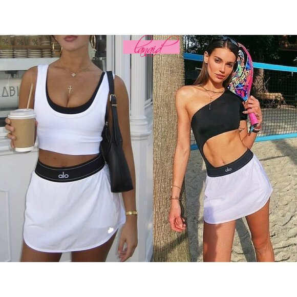 Alo Match Point Tennis Skirt White Black Active Sports Exercise Run Mini Skort - Picture 11 of 17